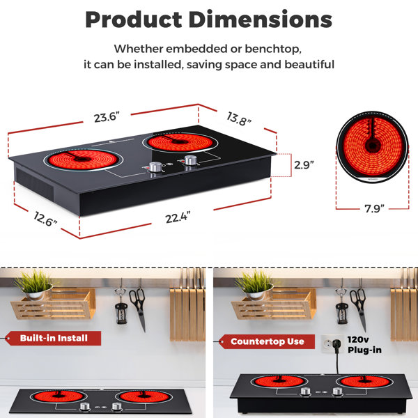 ADVWIN Electric Cooktop, 2 Burner Knob Control Plug in Built